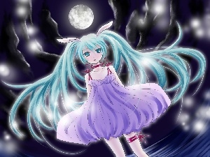 moon, Dress, Vocaloid, Miku Hatsune