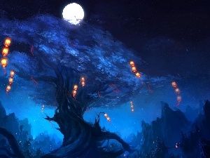 moon, Lanterns, Night, trees