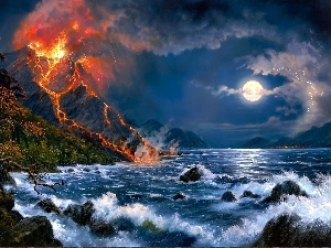 moon, volcano, Night, Mountains