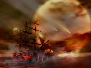 moon, Fog, picture, Ship