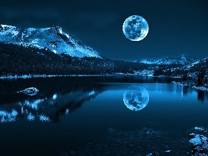 moon, winter, River, Mountains