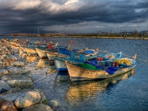 moored, Sky, Gulf, Boats, storm