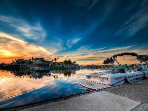 Motor boat, Sky, west, River, sun