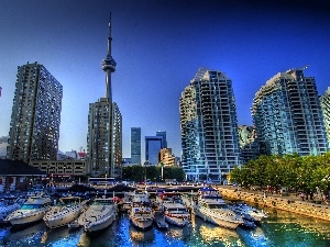 motorboat, Toronto, skyscrapers, clouds