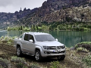 Mountains, volkswagen amarok, lake