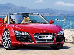 Mountains, Cabrio, Red, water, Audi R8
