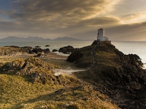 autumn, Mountains, rocks, Lighthouse, clouds, maritime, sea