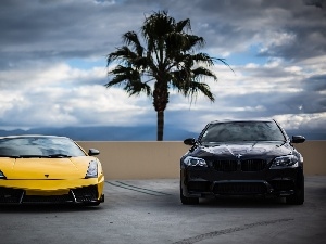 Mountains, Palm, BMW F10, clouds, Lamborghini