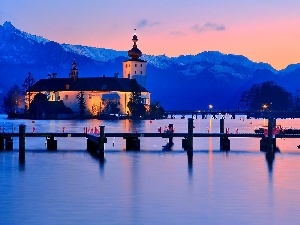 Mountains, Church, bridge, lake, Dusk, Island