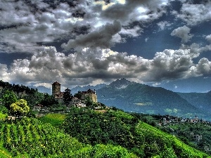 South, Mountains, Tirol, clouds, village, medows, Austria, field