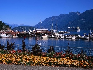 Mountains, motorboat, port, Flowers, Ship