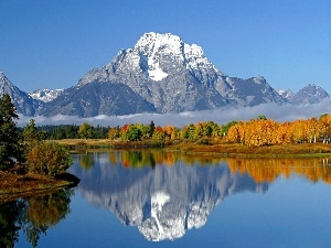 Mountains, viewes, Snowy, lake, Fog, trees