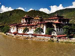 Mountains, River, bridge, China, forest, palace