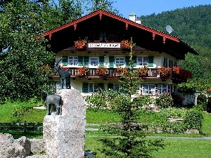 Mountains, figures, house, Germany, Garden