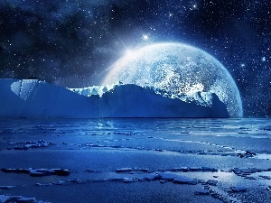 Mountains, sea, moon, ice, star