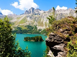 Islet, Mountains, lake