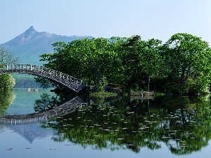 mountains, trees, viewes, bridges, Japan, water