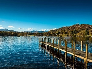 Mountains, Boats, lake, Platform