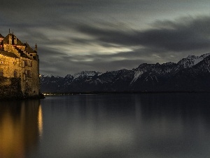 Mountains, lake, Floodlit, Night, Castle