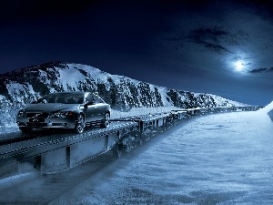 Mountains, winter, Volvo, Night, S80