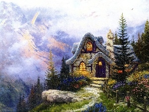 mountains, ##, picture, Cottage