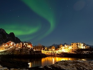 Mountains, lake, Houses, aurora polaris, colony