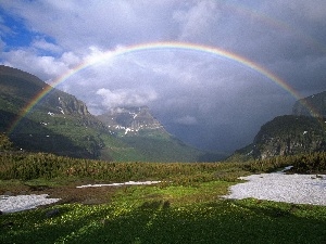 Mountains, clouds, Great Rainbows, Sky