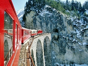 Mountains, bridge, Red, Train