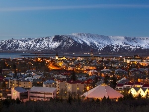 Mountains, Town, iceland, River, Reykjavik