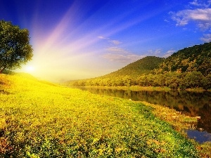 Mountains, medows, rays, River, sun