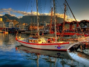 Mountains, Town, Sailboats, port