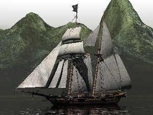 Mountains, water, sailing vessel