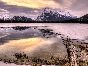 snow, Mountains, River