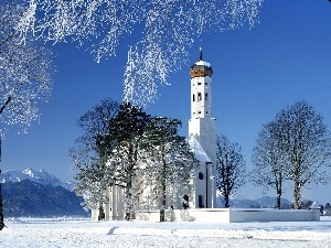 Mountains, Church, trees, snow, viewes