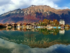 Mountains, lake, Houses, Switzerland, by