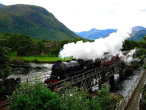 Mountains, River, Train, bridge