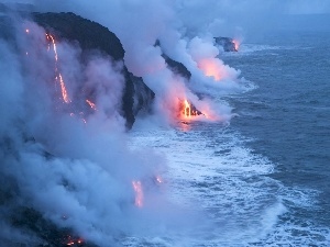 Mountains, sea, volcano, Lava