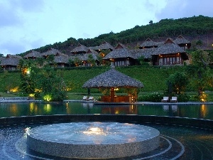 mountains, The wooded, Houses, Wietnam, Pool