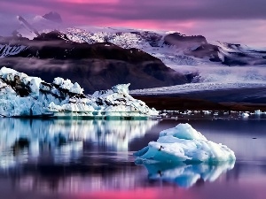 Mountains, ice, lake, winter, rocks