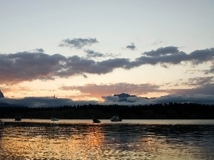 Mountains, Sailboats, River, woods, Yachts