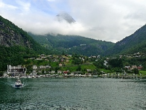 Mountains, lake, Town, Norway, woods, Geiranger