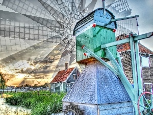 Netherlands, clouds, Windmill, River