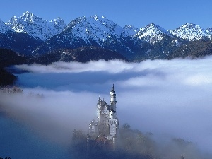 Neuschwanstein, Castle, Mountains, Fog, winter
