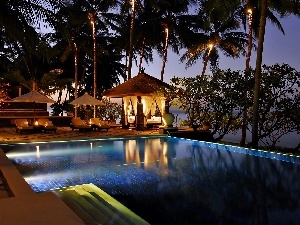Night, Palms, Hotel hall, Bali, Pool