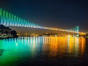 town, Night, Istanbul, panorama, River, Floodlit, Turkey, bridge