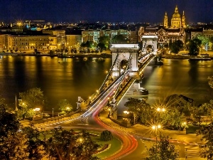 Night, bridge, Budapest, River