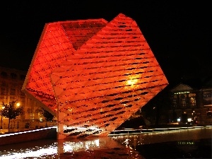 Night, Pozna?, fountain, red hot, freedom