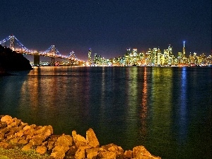 Night, bridge, panorama, light, town