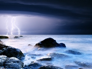 Night, sea, Storm, lightning, Stones