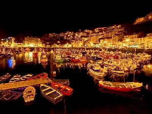 night, Town, port, Yachts